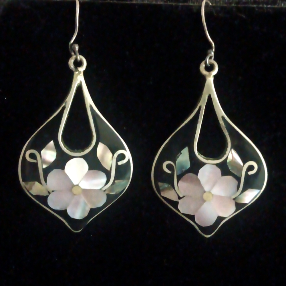 Mexico Vintage Black Floral Natural Abalone Earrings